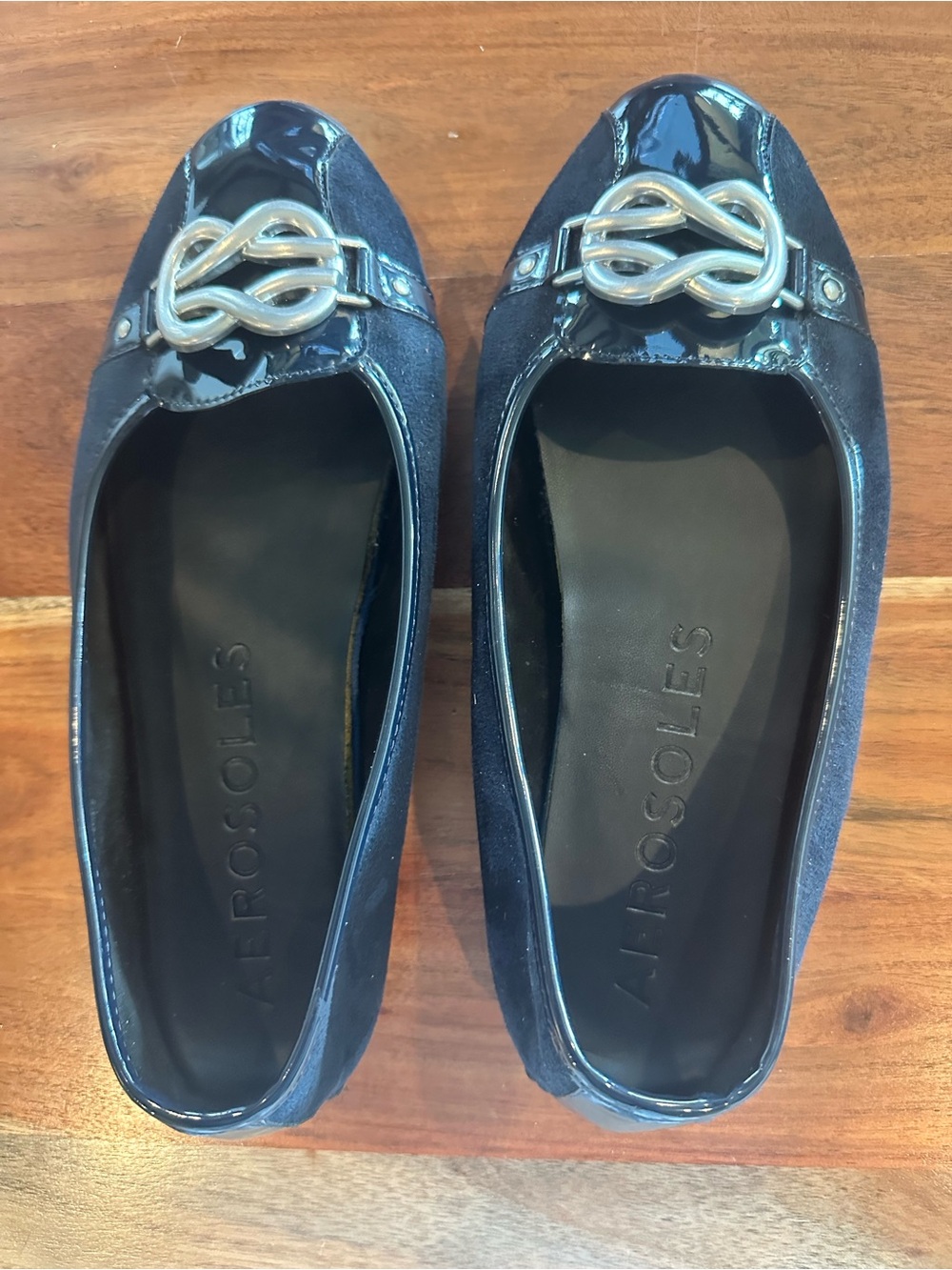 AEROSOLES Navy Patent and Suede Loafers with Silver Knot Accent